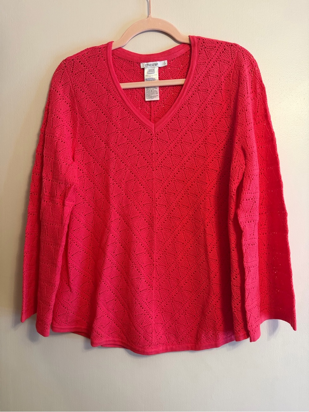 Chico's Pink V-Neck Pointelle Knit Sweater